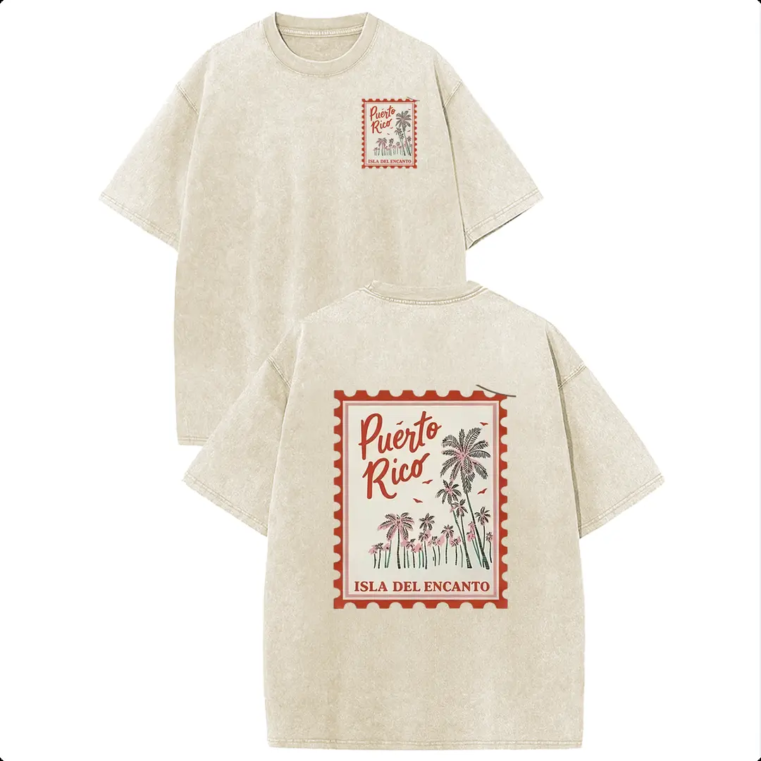 Holafish 100% Cotton Puerto Rico Stamp Womens Acid Washed T‑Shirt Retro Dual‑Side Graphic Printed Unisex Fashion Tees Summervibes Casual Top 2026