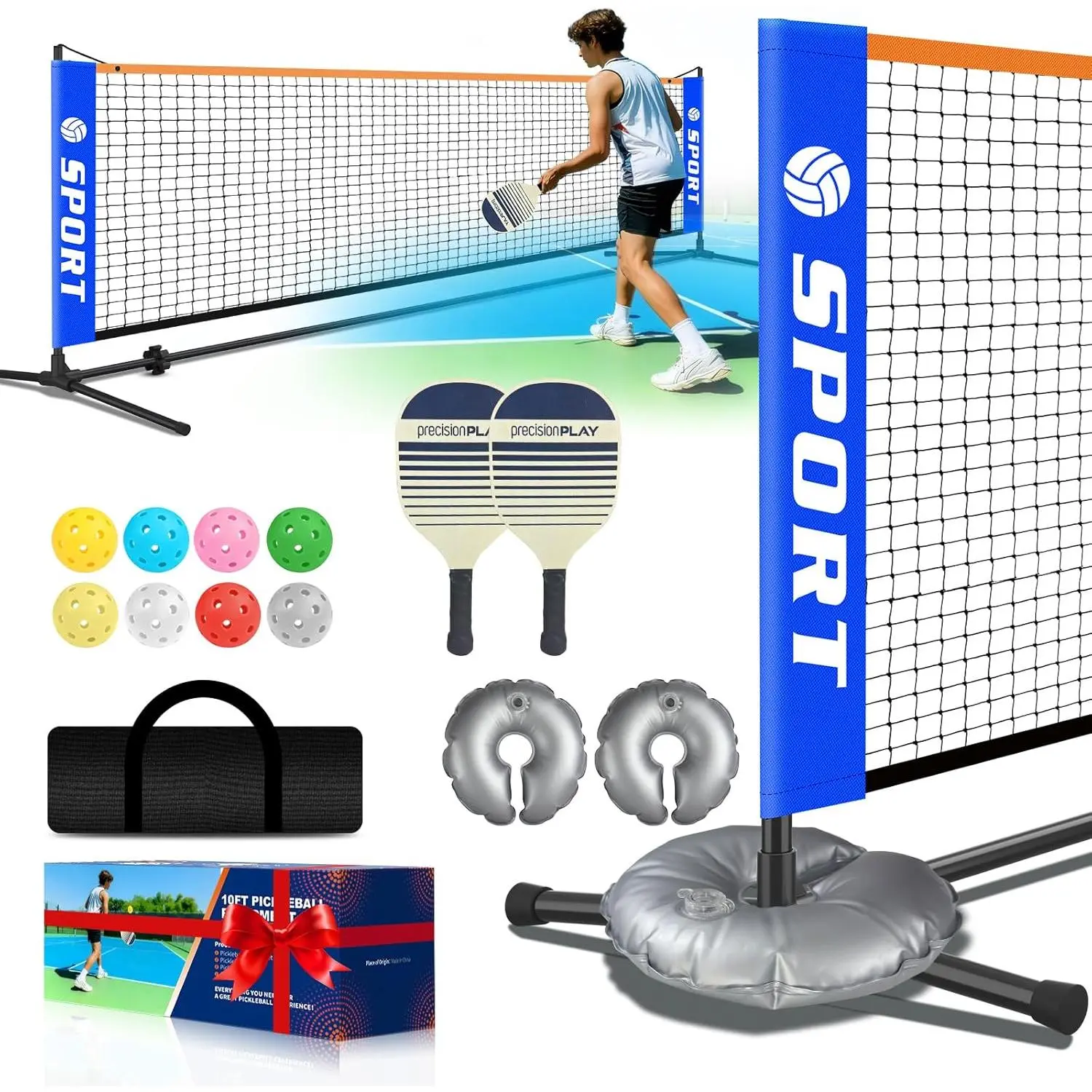 Pickleball Net for Driveway, Portable Pickleball Net Set with Paddles,Water Bags,Portable Outdoor Pickleballs,Mini Pickle Ball Nets, Carry Bag,10FT PickleBalls Net Weather Resistant Steady Metal Frame