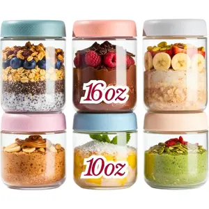 6-Pack Overnight Oats Containers with Lids, 16oz & 10oz Glass Mason Jars, Airtight Wide-Mouth Food Storage Containers for Meal Prep, Yogurt, Salad, Snacks, Chia, and Food