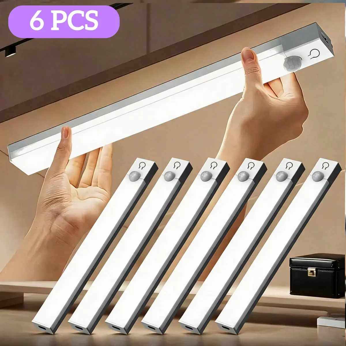 6-Pack Motion Sensor Night Light, Wireless LED USB Rechargeable, Magnetic Attachment, Easy Installation, Multi-Purpose Lighting for Closet, Cabinet, Stairs, Interior Led Lights