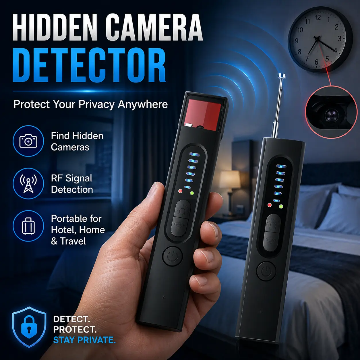 Compact Privacy Hidden Camera & GPS Tracker Detector with RF Signal Detection - 5 Sensitivity Levels, Professional Modes, for Home & Travel Users, Hotel Household Appliance Accessory, Camera Detection