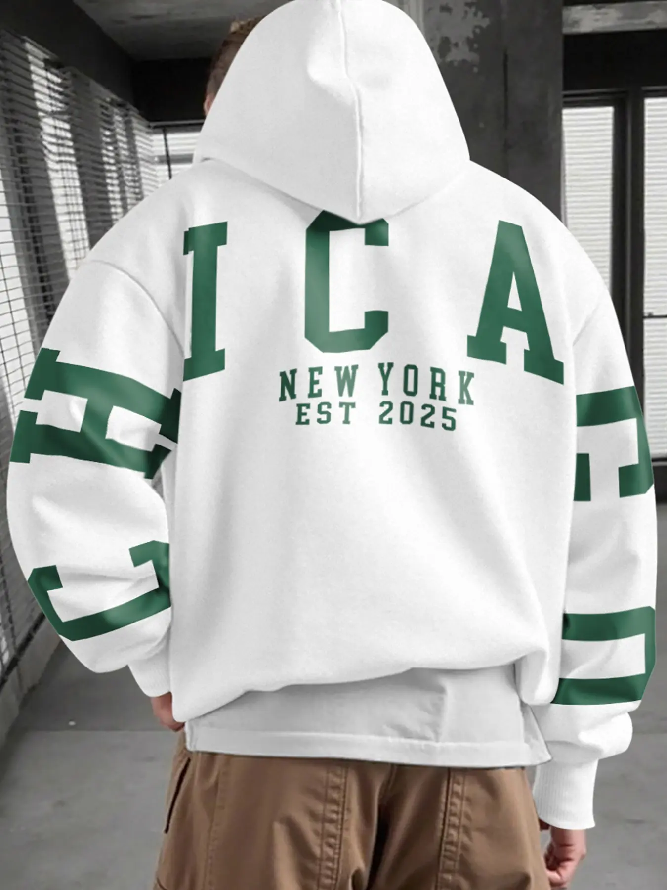 Men's Loose Chicago New York Print Hoodie, Vintage College Style Street Long Sleeve Pullover, Casual Loose Fit Top, Fall & Winter