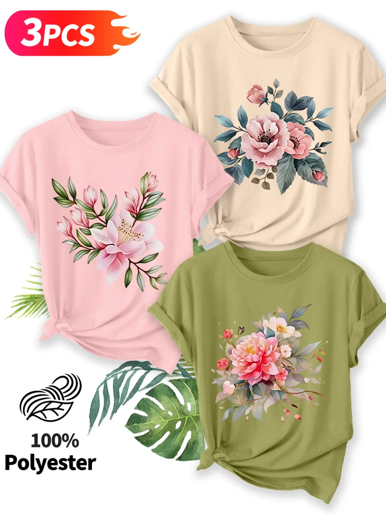 3Pcs Women Crew Neck T-shirt, Magnolia Peony Butterfly Retro Watercolor Floral Art Print, Soft Washable Three-piece Casual Tee Set