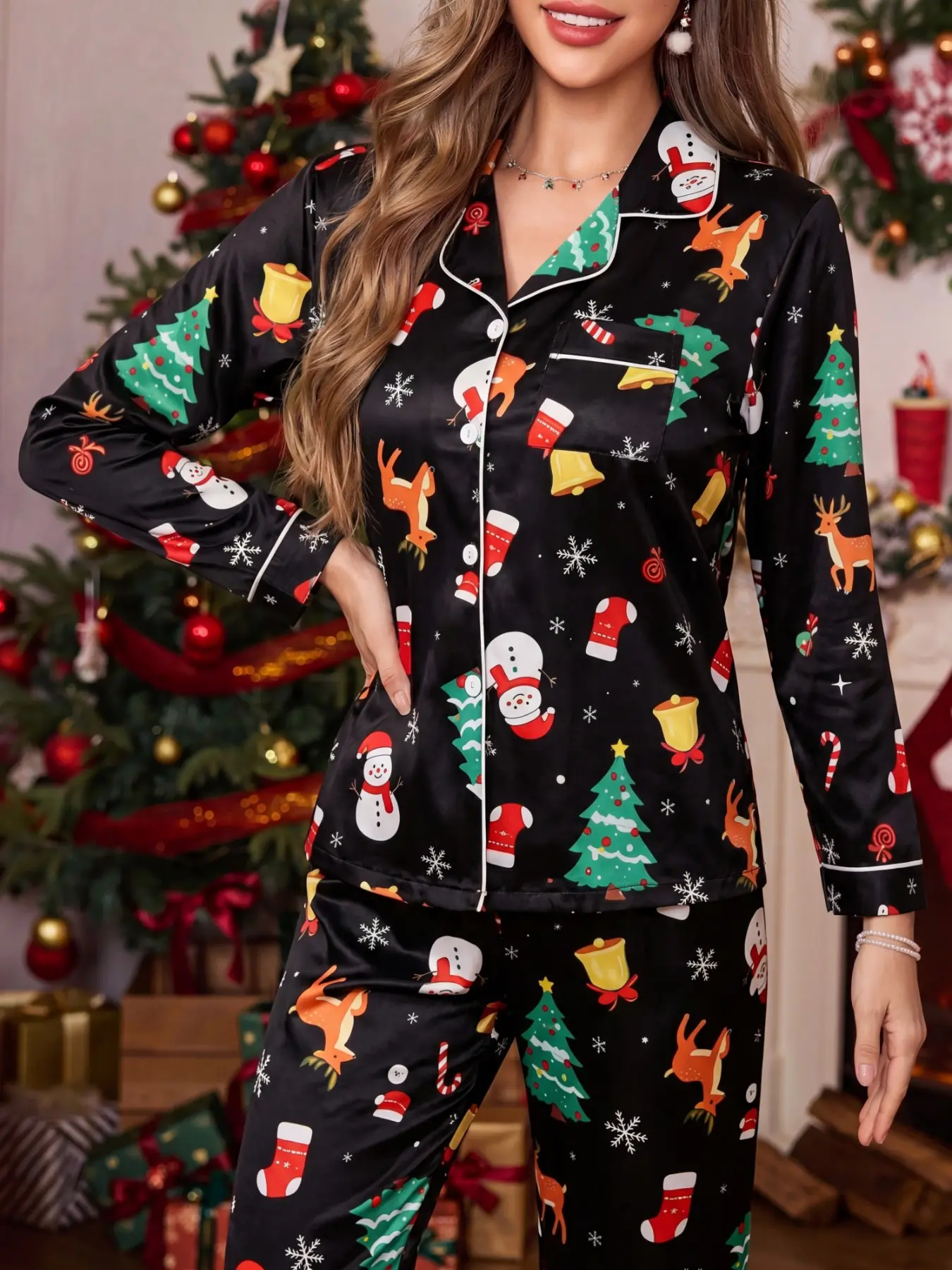 Women's Christmas Pajama Set, Long Sleeve Fitted Sleepwear Loungewear, Festive Reindeer Print, Cozy Holiday Home, Casual Winter Clothing