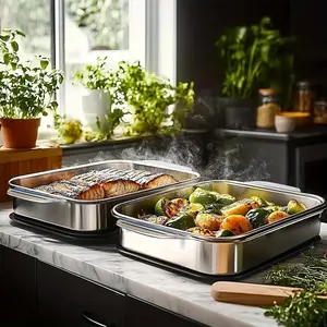 Viral Top Selling Set of  Extra Large Stainless Steel Baking Pans with Lids Non-Stick Thick-Bottomed Rectangular Oven Trays for Desserts Bread Seafood Grilling Buffet Kitchen Prep Oven Safe Multi Use Roasting Steam Bake Fish Pan Great Father's Day Gift
