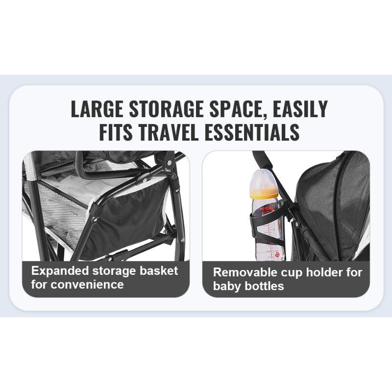 VEVOR Lightweight Stroller, Compact Easy Fold MultiPosition Recline Canopy Backrest, Carbon Steel Frame, Large Storage Basket, Umbrella Toddler Baby Stroller for Travel and More, Black/White