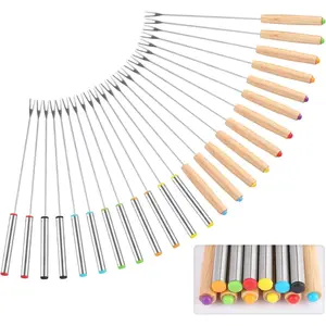 24 Pack 9.6 Inch Stainless Steel Fondue Forks, 12 Wood Handles and 12 Stainless Steel Handles, Heat Resistant Smores Sticks for Roast Meat Chocolate Dessert Cheese Marshmallows (6 Colors)