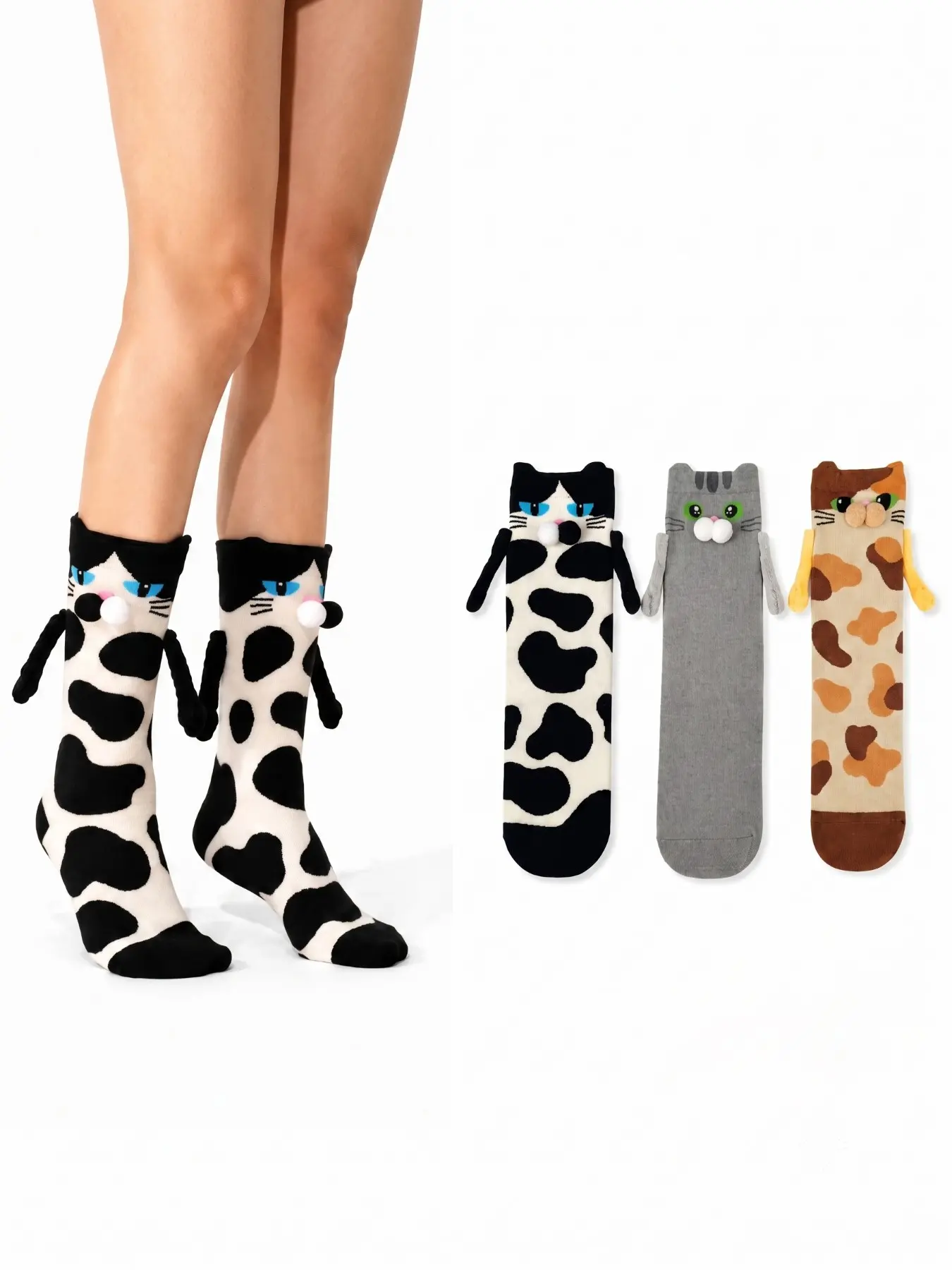 3 Pairs Cute Cat Magnetic Hand Holding Socks for Women Girls Novelty Cute Animal Crew Socks with 3D Balls Kawaii Cartoon Kitty Socks Fun Cozy Gift for Cat Lovers
