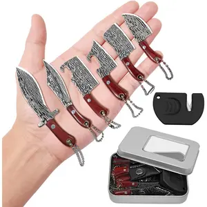 Mini Knife Set, Damascus Pocket Knife Set with Sharpener, Mini Chef Knife EDC Knives Set, Tiny knife Cleaver Keychain Tiny Things for Package Opener, Box Cutter, Letter Opener