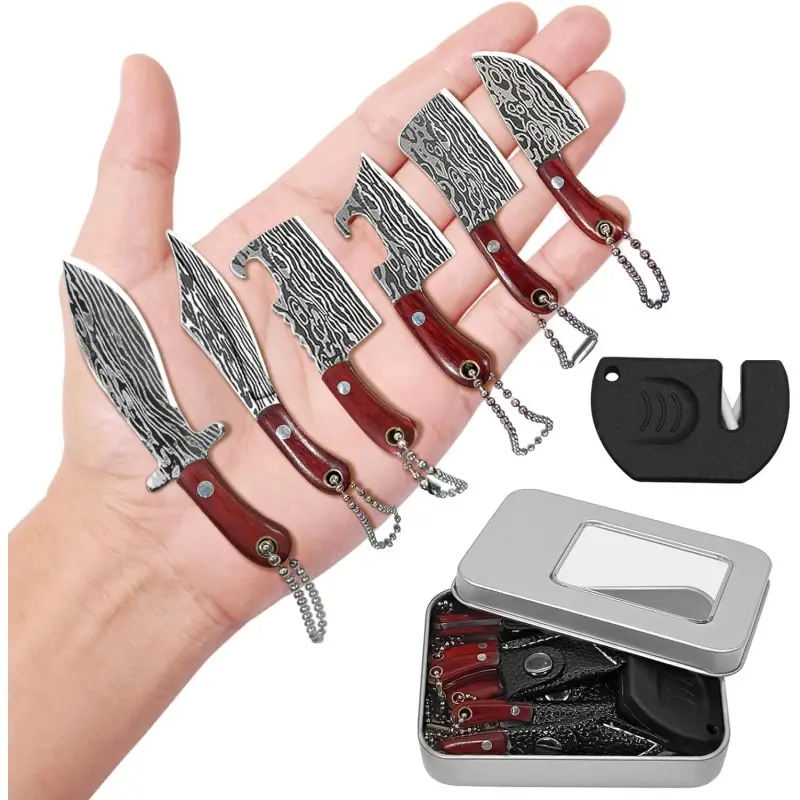Mini Knife Set, Damascus Pocket Knife Set with Sharpener, Mini Chef Knife EDC Knives Set, Tiny knife Cleaver Keychain Tiny Things for Package Opener, Box Cutter, Letter Opener