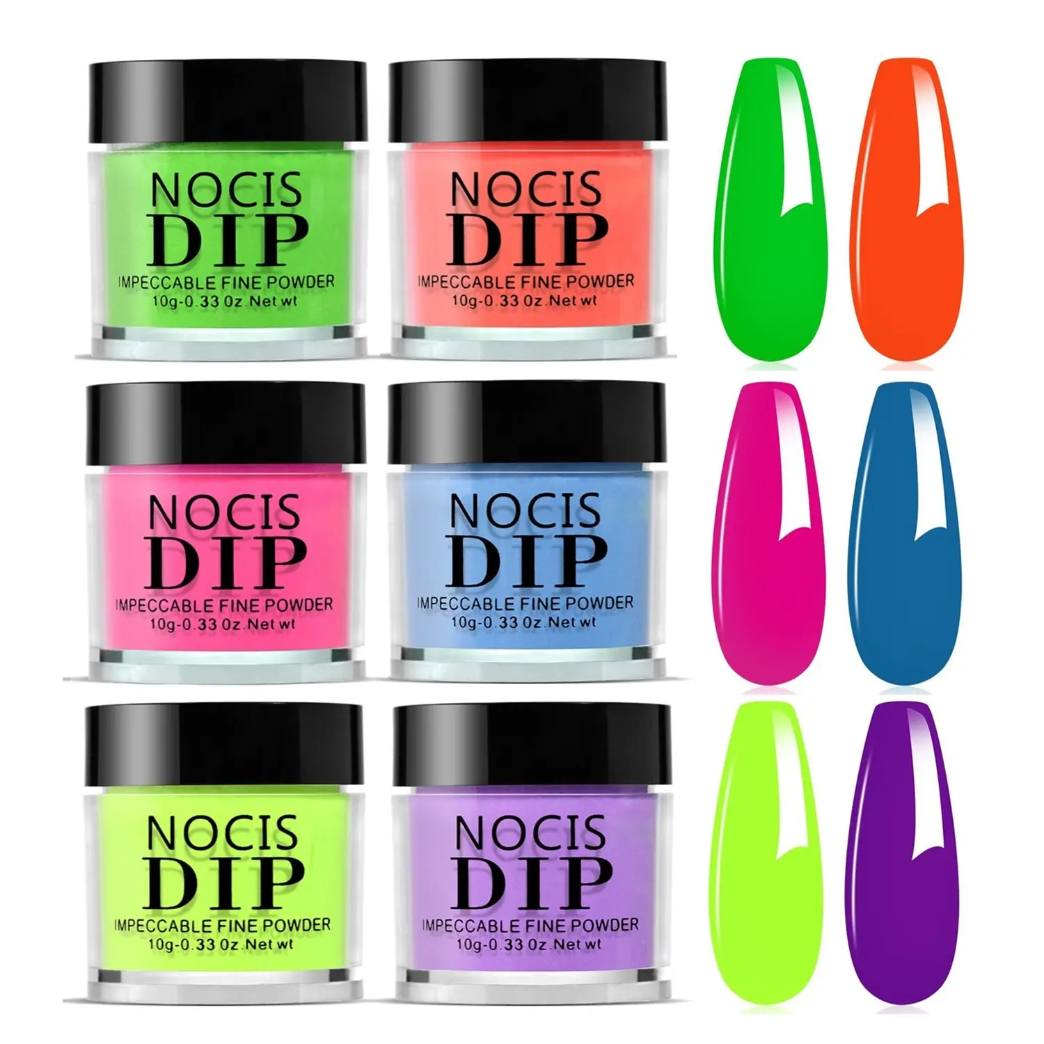 Nocis 6 Color Nail Dip Powder Kit, Nail Art, Manicure, Tropical Bright Colors, 10g Each, Home Use, Forest, Neon, Bright, Royal Blue, Fluorescent, Violet Tone