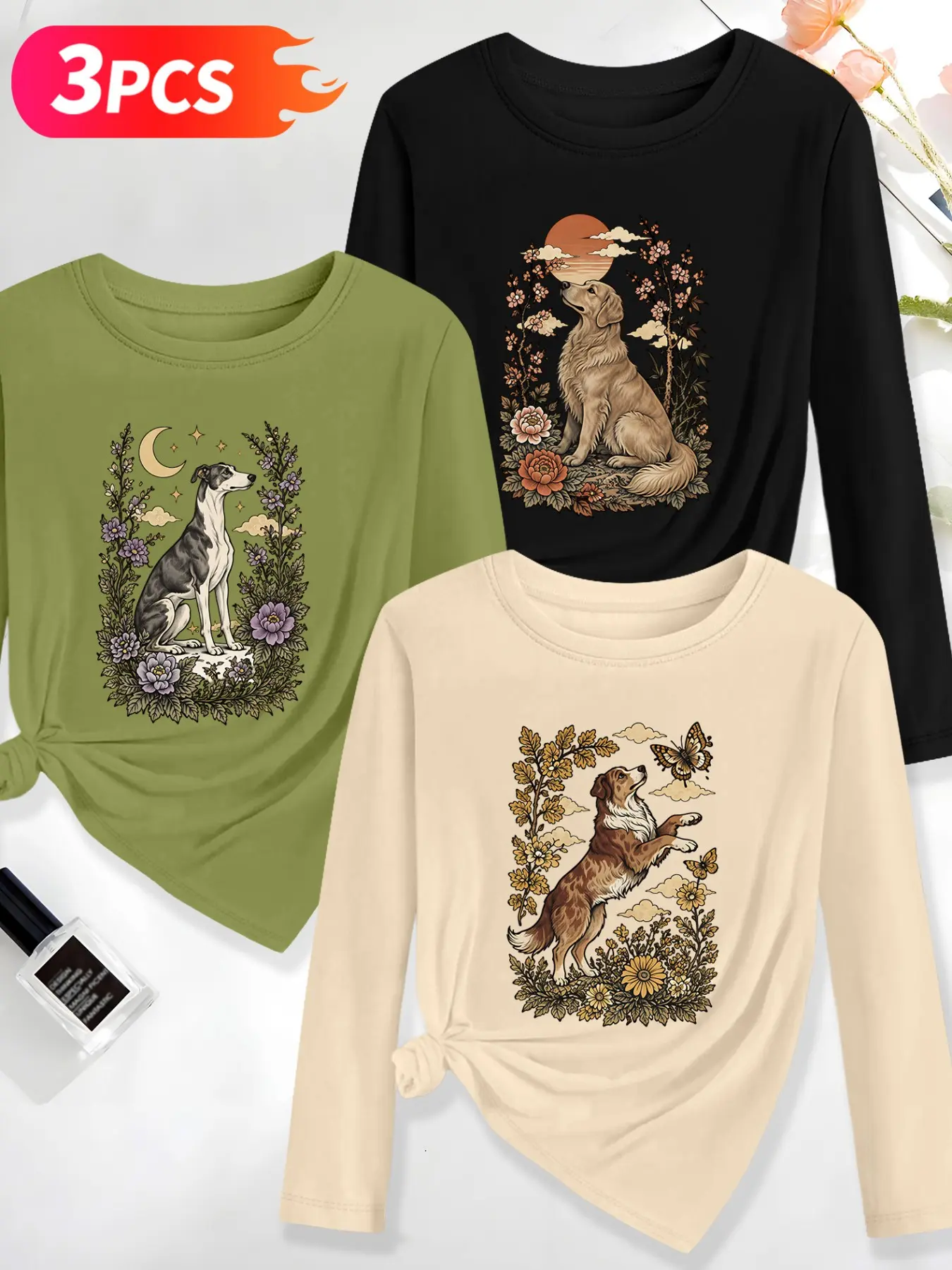 3Pcs Women Crew Neck Long Sleeve T-Shirt, Vintage Garden Pet Illustration Print Greyhound, Golden Retriever & Border Collie, Multi-color Available, Machine Washable, Soft Skin-friendly Spring Autumn Daily Stylish Top