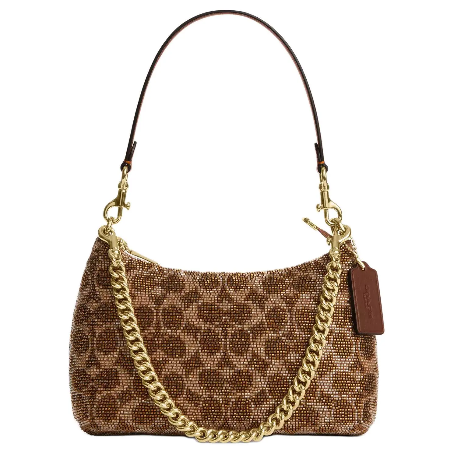 Coach Teri 25 Zip-Top Beaded Satin and Leather Crossbody Bag for Women, Medium, Brown Verifiable, with credentials and supporting global authentication