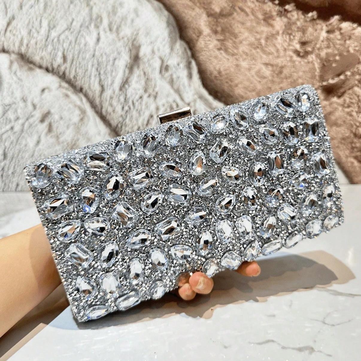 Luxury Silver Rhinestone Bling Banquet Handbag Women's Cheongsam Bag Elegant Exquisite Diamond-Encrusted Purse Clutch Bag, Crossbody Bags For Women, Perfect For Party, Wedding, Prom, Dinner/Banquet ShoulderBag For Wedding