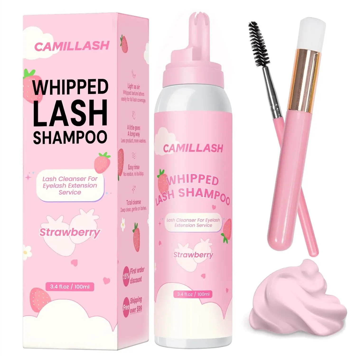 Eyelash Extension Cleansing Foam Shampoo Kit, 100ml Strawberry Pink Lash Cream Cleanser for Salon & Home Use