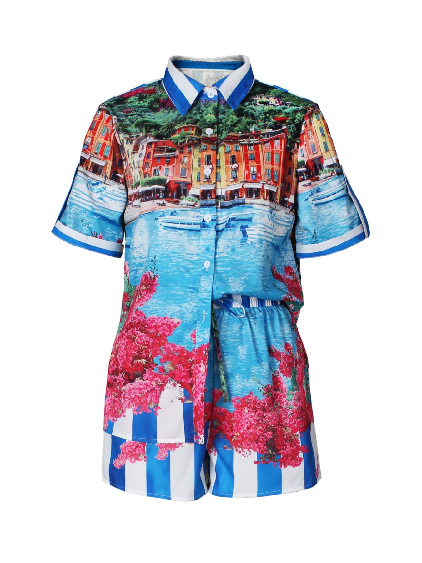 Women's 2 Piece Outfits Summer Floral Print 2 Pieces Shorts Sets for Women Button Down Short Sleeve Shirt and Casual Drawstring Shorts Beachwear Suit Floral City Short Set