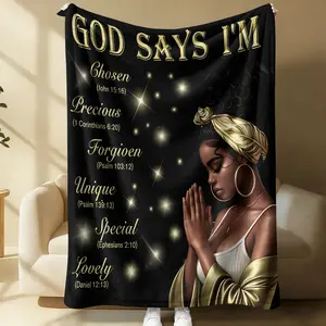God Says I Am Black Woman Prayer Bible Verse Flannel Throw Blanket, Black Gold Sparkle Faith Print, Oversize Lightweight Multi-use Blanket for Nap, Camping, Travel & Sofa Bed, Christian Inspirational Gift