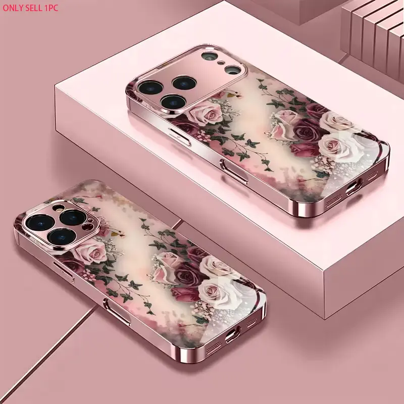 Retro floral print phone case for Samsung Galaxy S10+/S10/S9+/S8+/Note 20 Ultra/Note 20/Note 10+/Note 10/Note 9/Note 8 Luxury pink glass-textured phone case