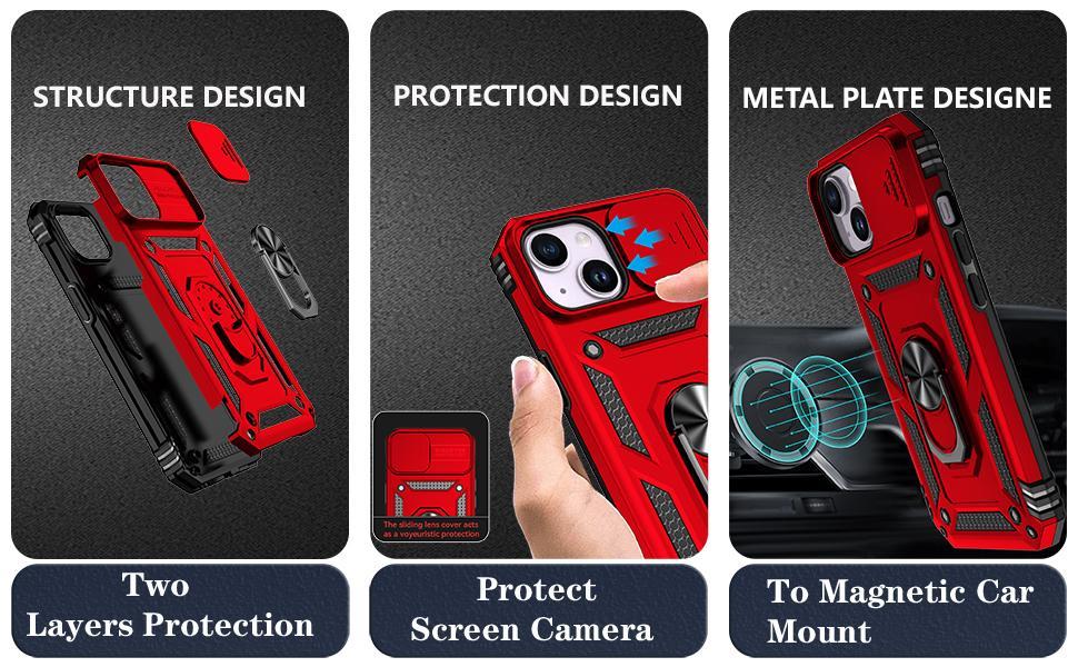 SunStory Compatible with iPhone 15 Case with HD Screen Protector & Slide Camera Cover & Rotated Ring Kickstand, [Military-Grade] Phone Case for iPhone 15,Red