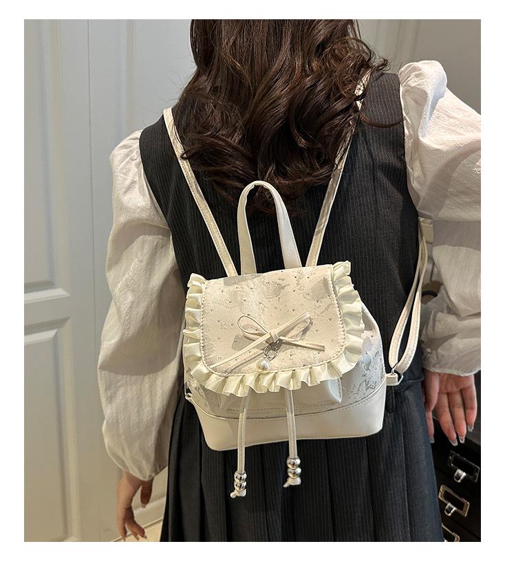 Polka Dot Lace Bow Mini Backpack for Women, Cute Coquette Y2K Bucket Bag, Lightweight Small Backpack with Adjustable Straps, Aesthetic School Travel Daily Outfit Bag for Girls & Teens