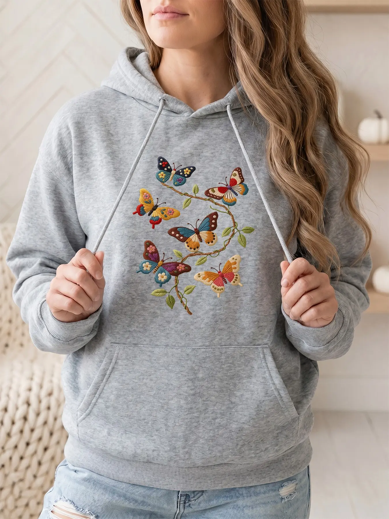 Women's Fashion Hooded Sweatshirt, Butterfly Print, Drawstring Kangaroo Pocket, Fall & Winter Casual Sports Top, Perfect for Parties