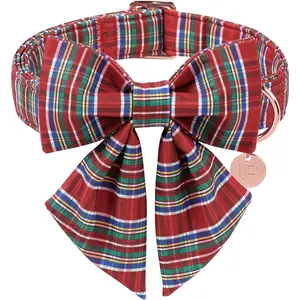 Christmas Plaid Dog Collar with Bow, Red and Blue Check Adjustable Pet Collar with Quick Release, Christmas Stripes Bowtie Collar for Small Medium Large Dogs M