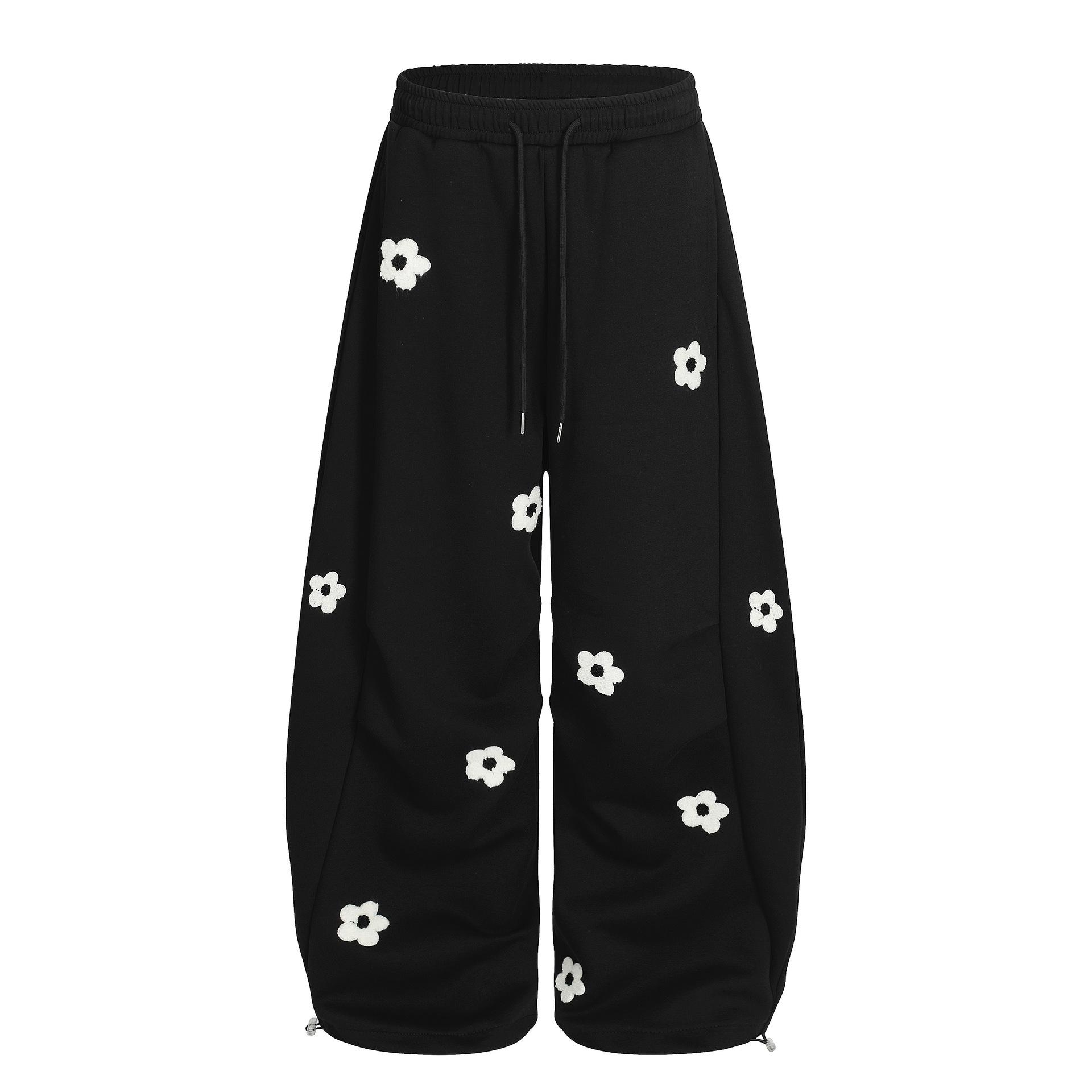 2026 Spring Collection Sweet and Cool Style Floral Embroidery Drawstring Loose Slimming Casual Sports Pants Wide-Leg Sweatpants for Women Menswear Trouser