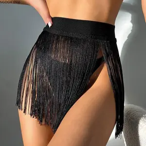 Trendy  Sparkly Shimmer Cover Up Skirt for Women, Flattering High Waisted Sheer Fringe Mini Skirt, Perfect Summer Beach Vacation & Pool Party Look
