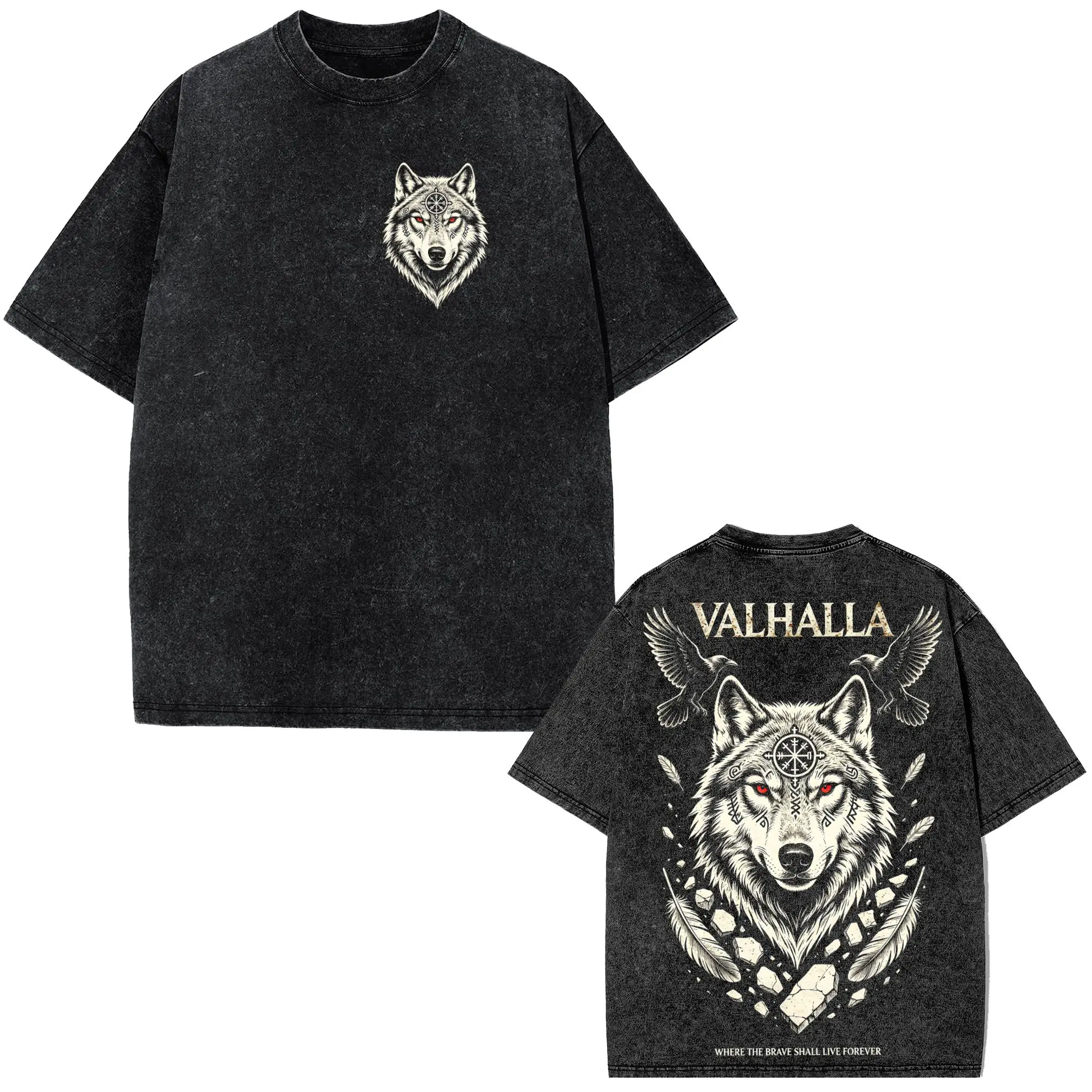 Valhalla Wolf 2.0 Acid Wash Oversized Graphic Tee Men Norse Mythology Viking Raven Odin Vegvisir Runic Dark Gothic Streetwear  For Him Washed Black  Wolf Eyes Compass,Men's,Regular,Fit Textured Knit Top,Grunge,Album,T-Shirt,print,tshirt,tees,ugly,,vintage