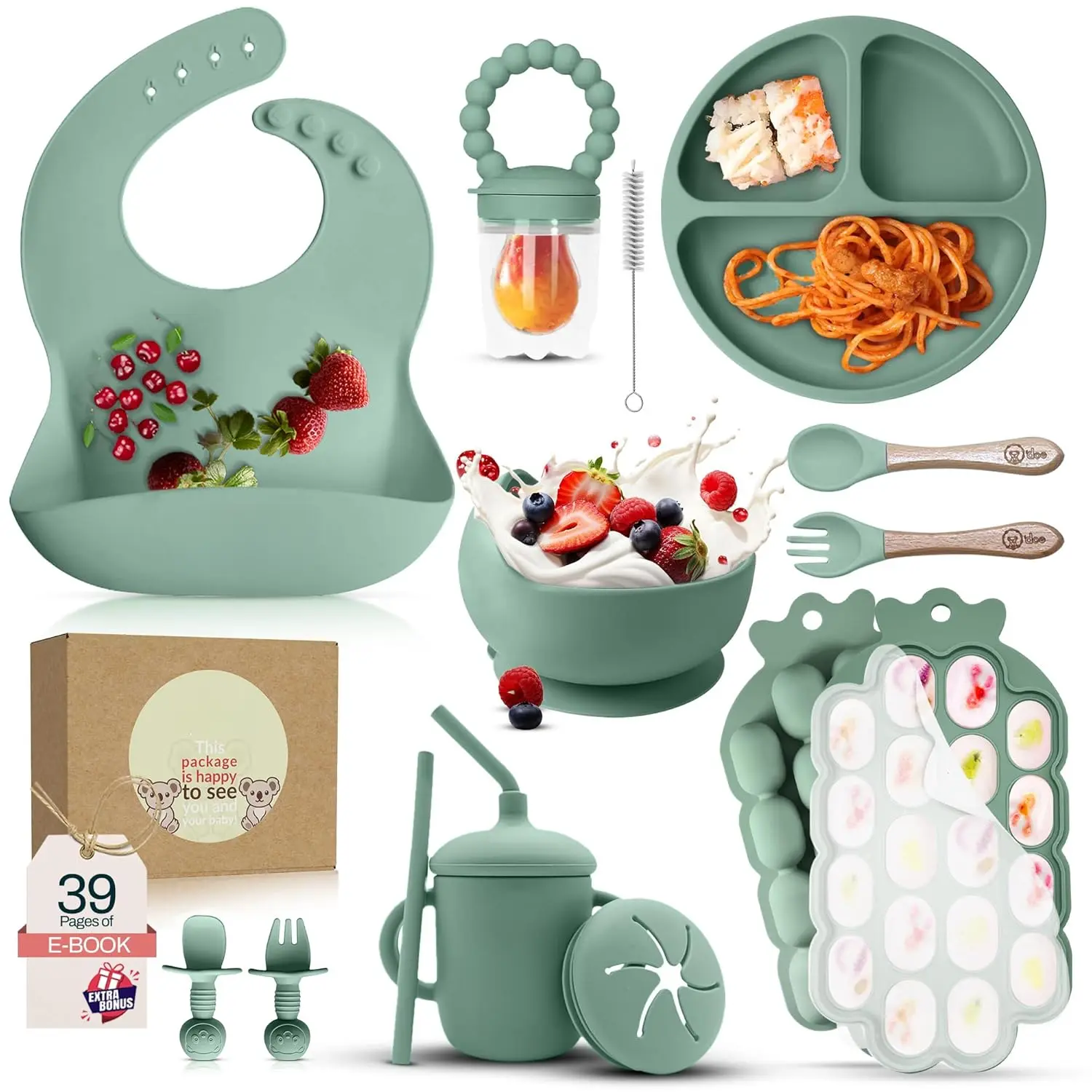 Baby Weaning Set – 15 Pcs Silicone Baby Feeding Set with Suction Plate, Bowl, Bib, Sippy Cup, Fruit Feeder & Freezer Tray – Baby Plates and Bowls Set for 3M+ |   BPA-Free Baby Dishes & Utensils