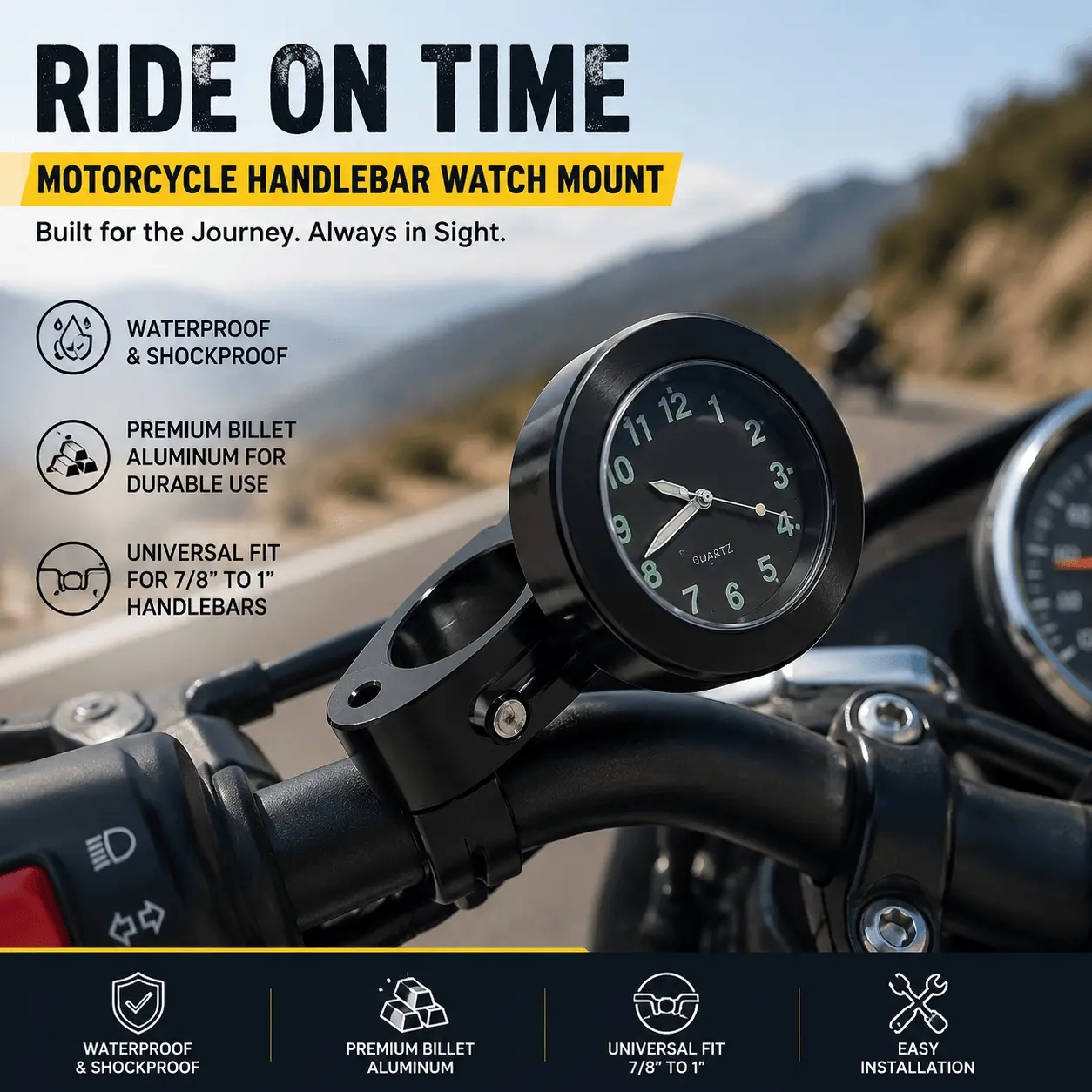 Waterproof Shockproof Motorcycle Clock with Luminous Dial Easy Read Universal Fit for Bike ATV Customization Stainless Steel Mount Clamp-on Gauge Meter Upgrade Accessories