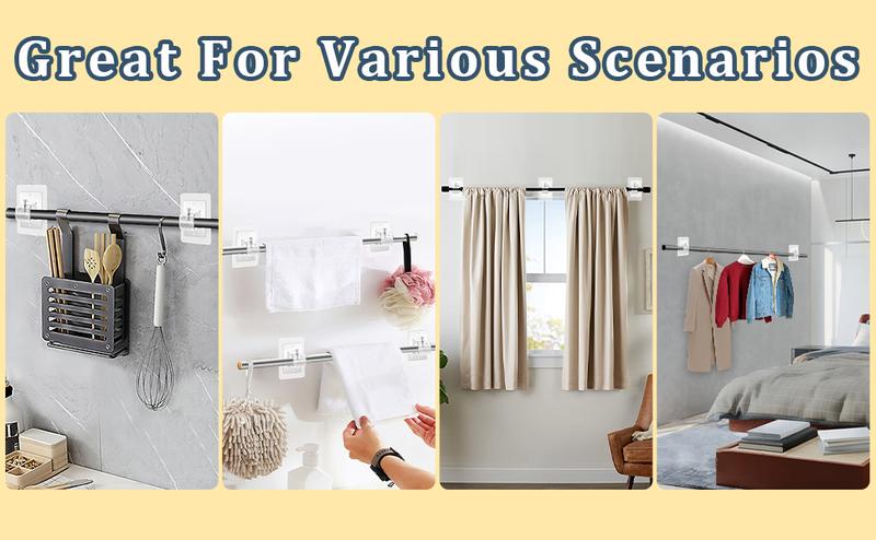 8PCS Self Adhesive Curtain Rod Holder No Drilling,No Drill Curtain Rod Brackets,Renter Friendly Draper Rod Hook,Nail Free Adjustable Non Screw Drapery Pole for Apartment Window Wall Door Ceiling Mount