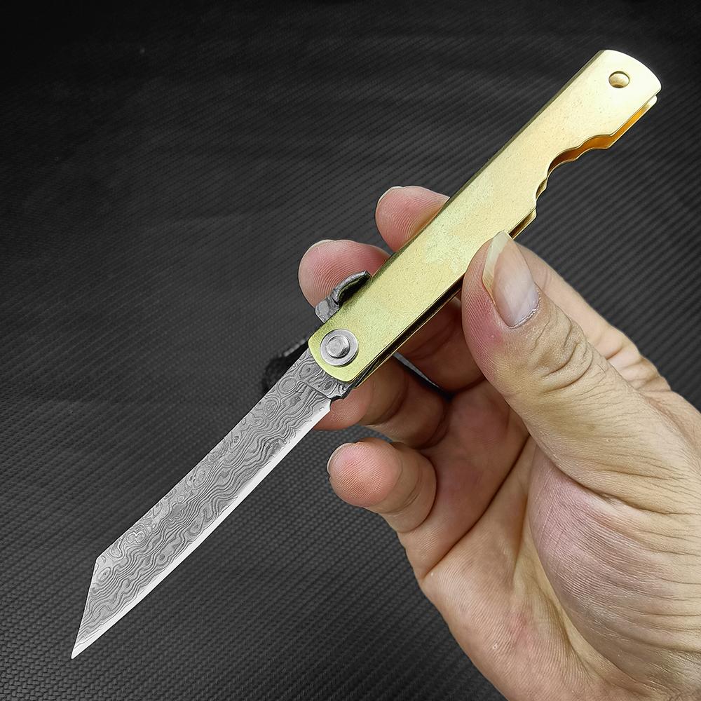Pocket Folding Knife Damascus Steel Blade Multi-purpose Tools Outdoor Camping Knives with PU Leather Sheath