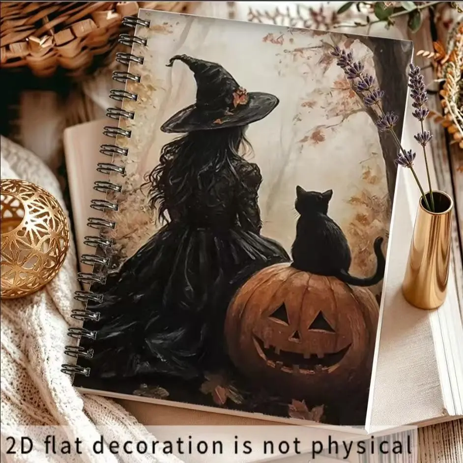 Halloween Spiral Notebook, Witch Black Cat Pumpkin Oil Painting Cover Journal, A5 5.5x8.3 Inch Lined Writing Notebook for Women Men Students, Gothic Witchy Mystical Halloween Diary, Halloween Birthday Christmas Gift for Cat Lovers Witchcraft Fans