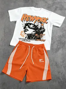 Men's Retro Hip Hop 2-Piece Outfit, White Crew Neck New York Graphic Print T-Shirt + Orange Side Stripe Athletic Shorts, Casual Streetwear Summer Outfit