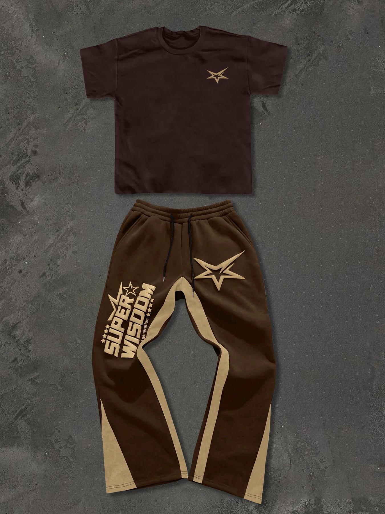 Two-Piece Set Men's Star Print Tee & Sweatpants, Regular Fit Casual Fashion Cozy Breathable for Daily Wear, Men's Clothes for All Seasons, Round Neck Menswear, Track Pants Set