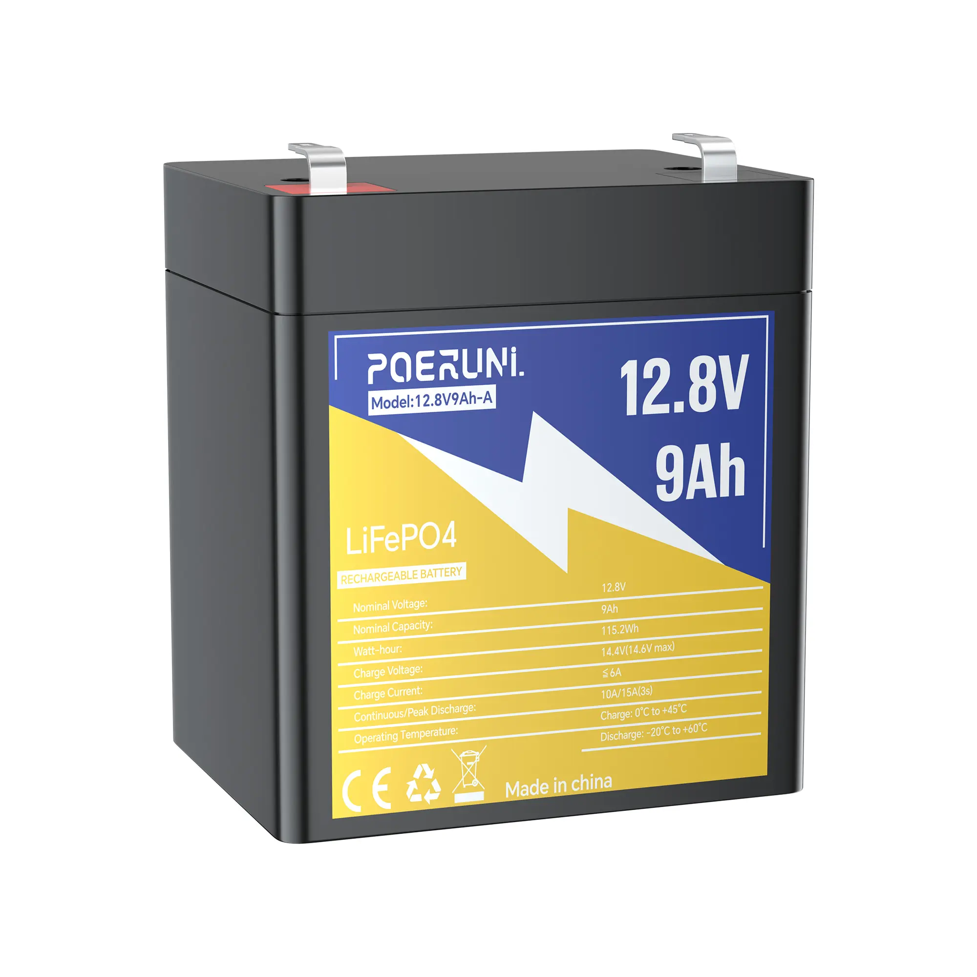 12V 9Ah LiFePO4 Deep Cycle Lithium Cell Battery with Built-in Reliable Smart BMS Protection