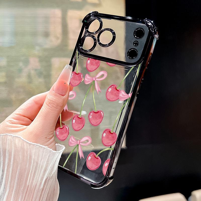 Cherry Bows Pattern Four Corner Anti-Fall Phone Case Transparent Electroplated Protective Cover for iPhone 17 Air 16 E Pro Max 15 Plus 14 13 12 11 X,Samsung and other series models, can be given as a holiday gift to friends or family
