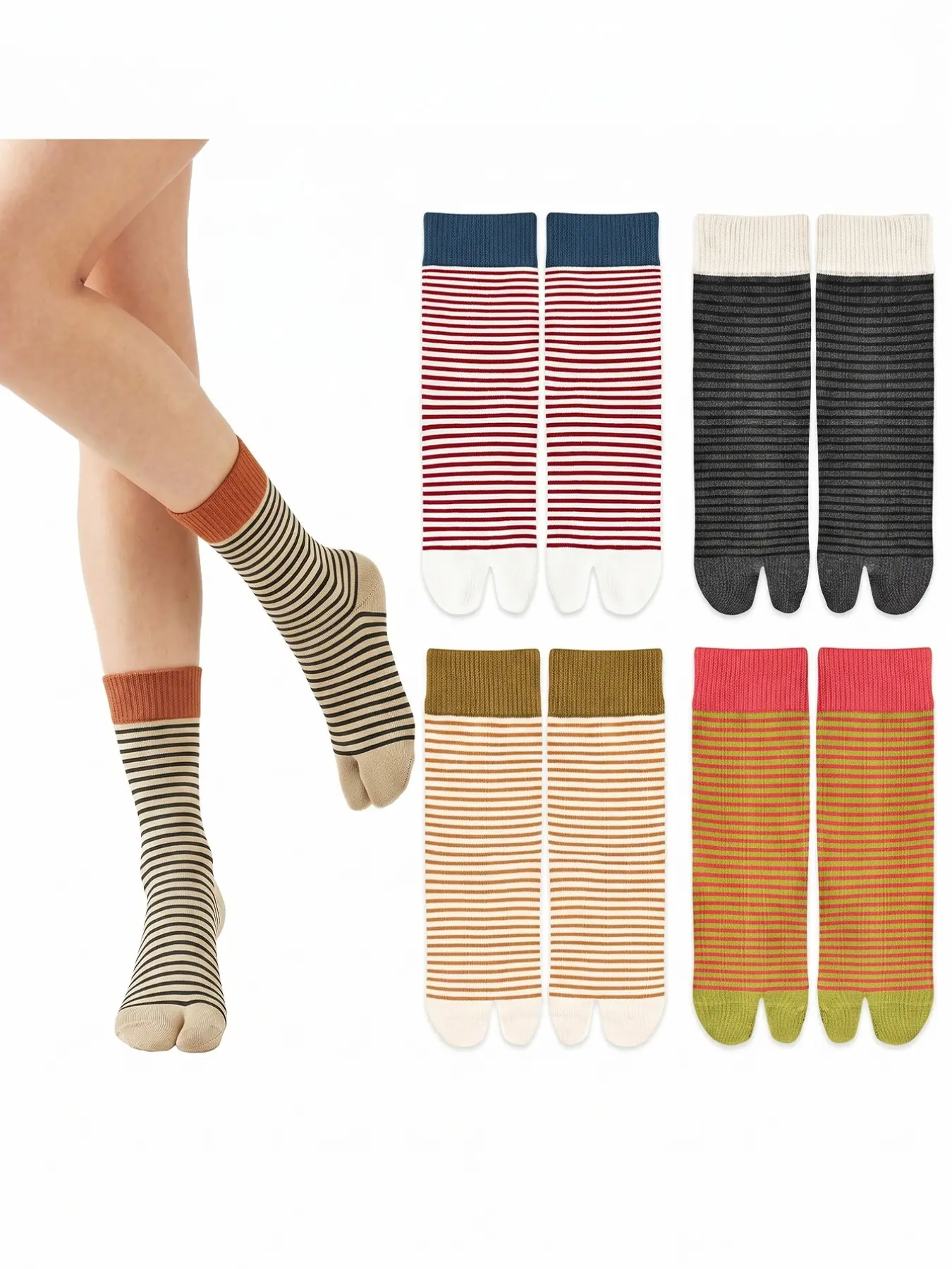 5 Pairs Multicolor Striped Tabi Socks for Women Split Toe Crew Socks for Tabi Flats & Flip Flops Sandal Sneakers Socks