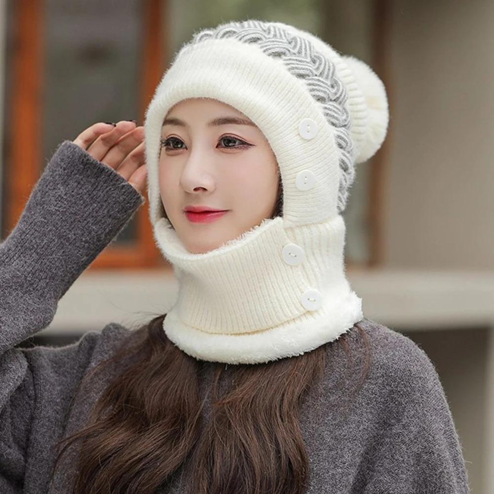 New Style Female Pompoms Winter Hats Plush Fur Lined Keep Warm Winter Hat Women Windproof Coldproof Thicken Balaclava Cap