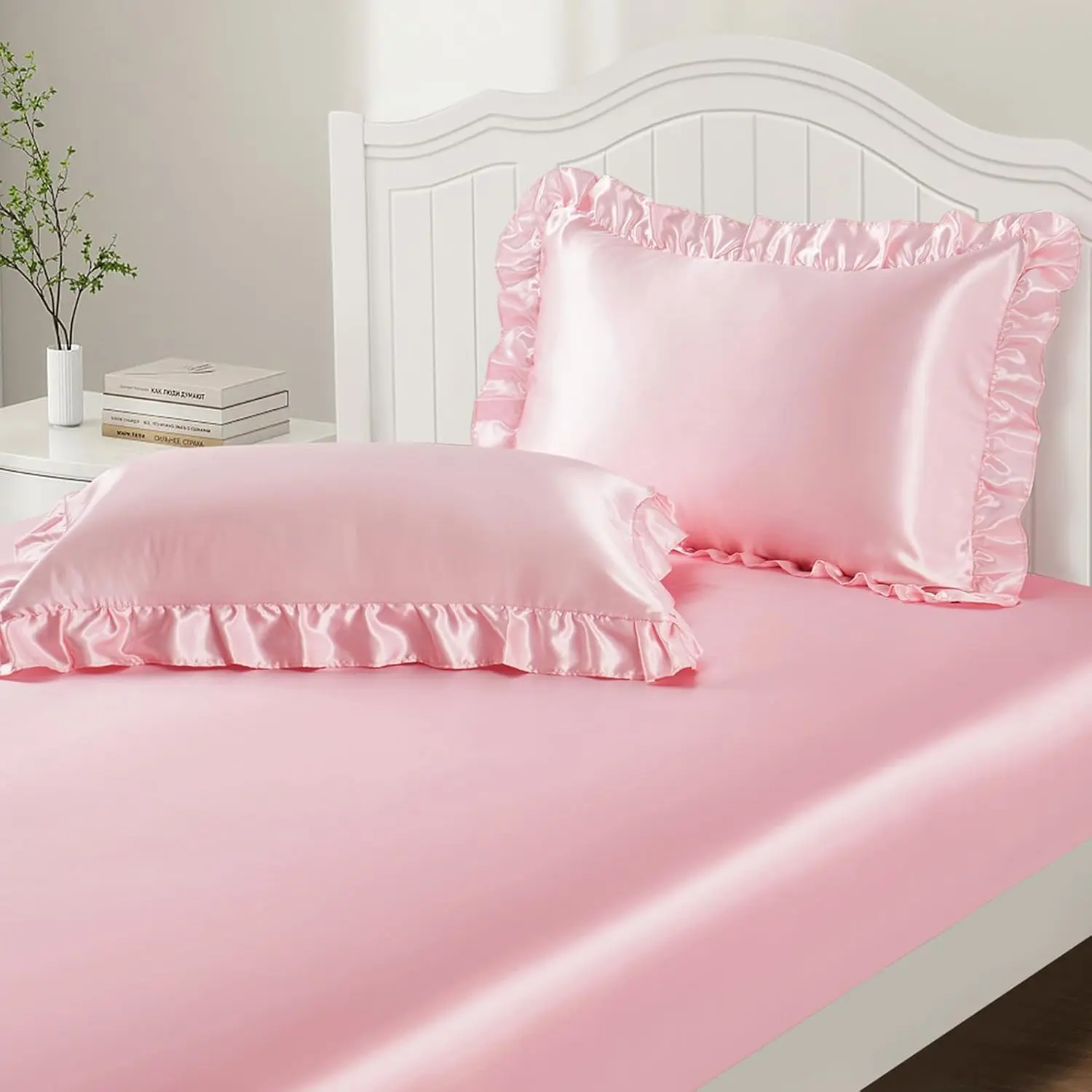 3-Piece Set Ruffle Pillowcases & Twin Fitted Sheet |   Blush Pink Fitted Sheet + 2 Ruffled Edge Pillow Covers Soft Cute Bedding Bedroom Dorm Decor, 15" Deep