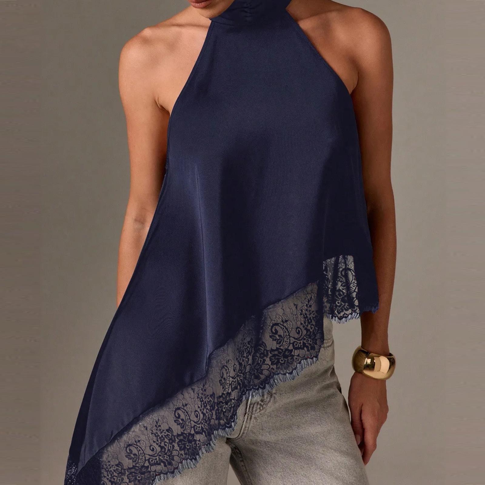 Women's Satin Halter Top, Asymmetrical Hem with Lace Trim, Elegant Sleeveless Blouse for Daily & Evening Outfit Wear