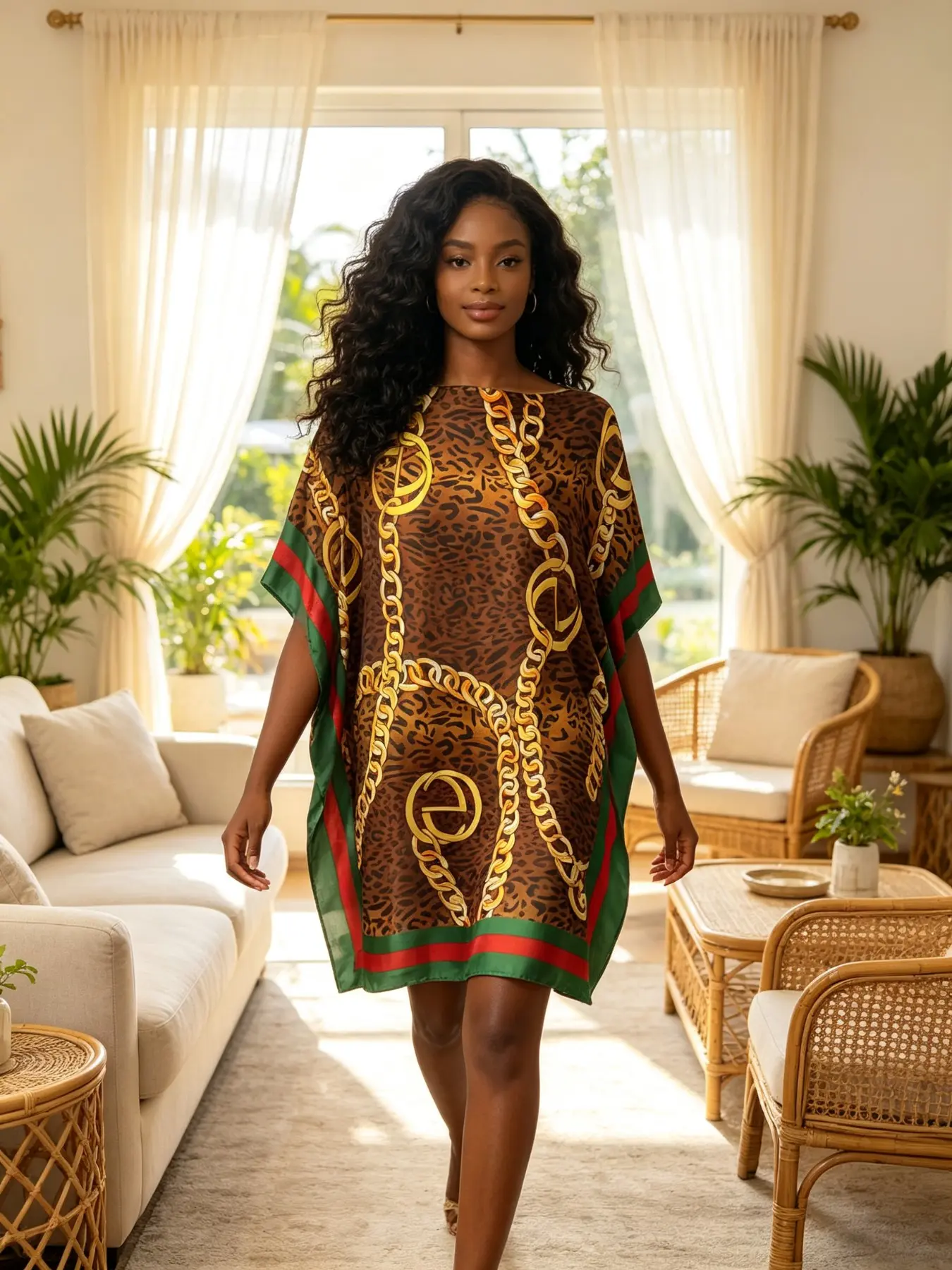 Women Leopard Golden Chain Print Satin Short Caftan Dress, Oversized Loose Sleeve Cover Up, Soft Silky Loungewear, ideal casual outfit for daily home relaxation, indoor gathering, hotel stay and tropical beach vacation, Kaftan