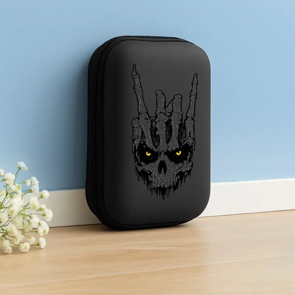 Finger Skull Pattern - Earphone/Cable/Charger Storage Box. Compact design with mesh pockets. Durable hard shell accessory storage - long-lasting and long-lasting. Portable protective essential for work and travel!