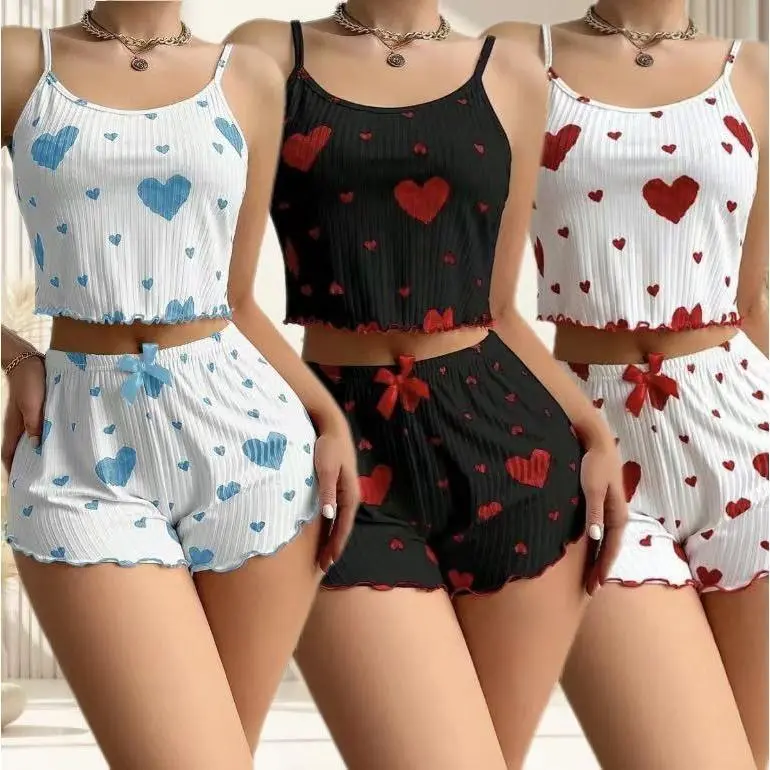 Women’s Chic Smooth Polyester Spaghetti Strap Heart Print Cami Pajama Set - 2pcs/3pcs, Blue+Red+Blackred Mix Colors, Ribbed Loungewear Shorts, Pj Sets for Women, Novelty Print Cami Sets