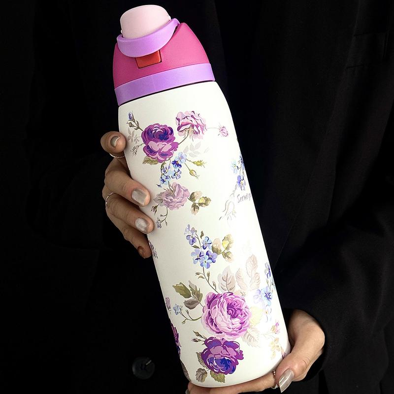 Floral Pattern Vacuum Flask, 1 Count 24oz-32oz-40oz Insulated Double Wall Stainless Steel Water Bottle, Stainless Steel Thermal, Drinking Cup for Home Office School Travel, Drinkware, Insulated Thermos, Stainless Steel Tumbler