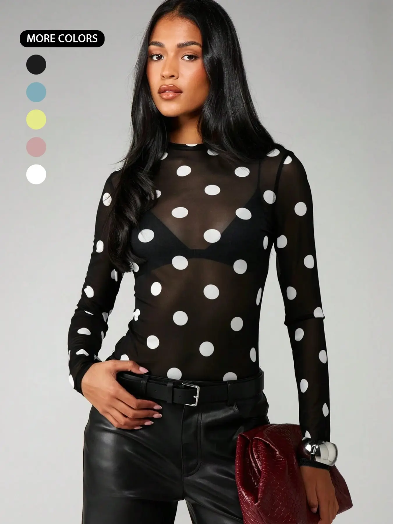 Women’s Sheer Polka Dot Mesh Long Sleeve Top, See Through Fitted Tee, Y2K Slim Fit Mock Neck Going Out Shirt Aesthetic