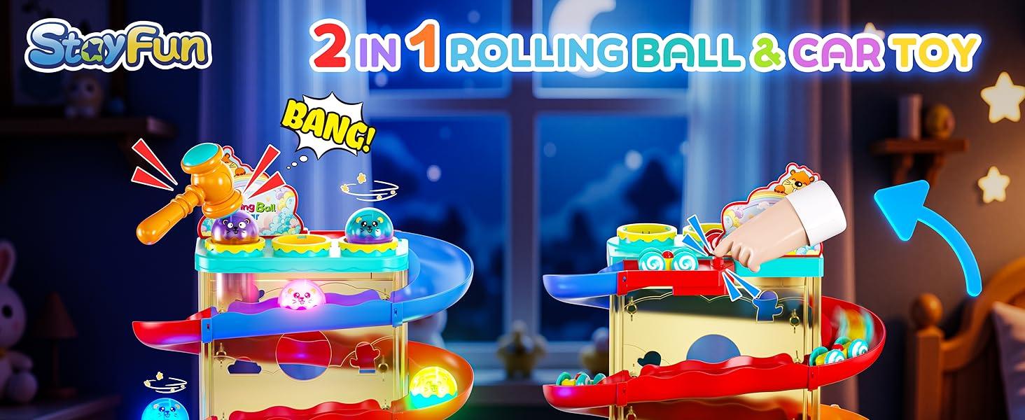 2-in-1 Rolling Ball & Car Ramp Race Track for Toddlers, Hammer Ball Drop Toy for Boys & Girls, Interactive Toys w/Sensor Lights - Montessori STEM Learning Toys - Brithday Gift for Kids 1-5+ Year Old