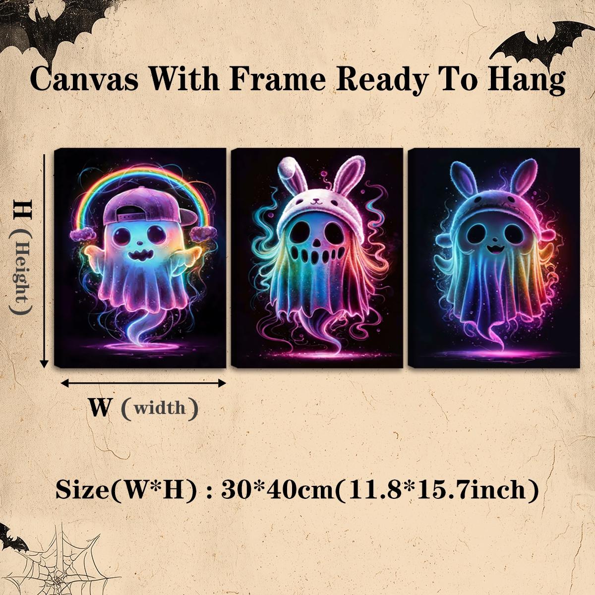 3 Counts Wooden Framed Canvas, Rainbow Ghost Poster, Halloween Home Poster, Halloween Party Decorations, Living Room And Bedroom Hanging Paintings, Horror Theme, Interesting Posters, Exquisite Gifts, High-Definition Art