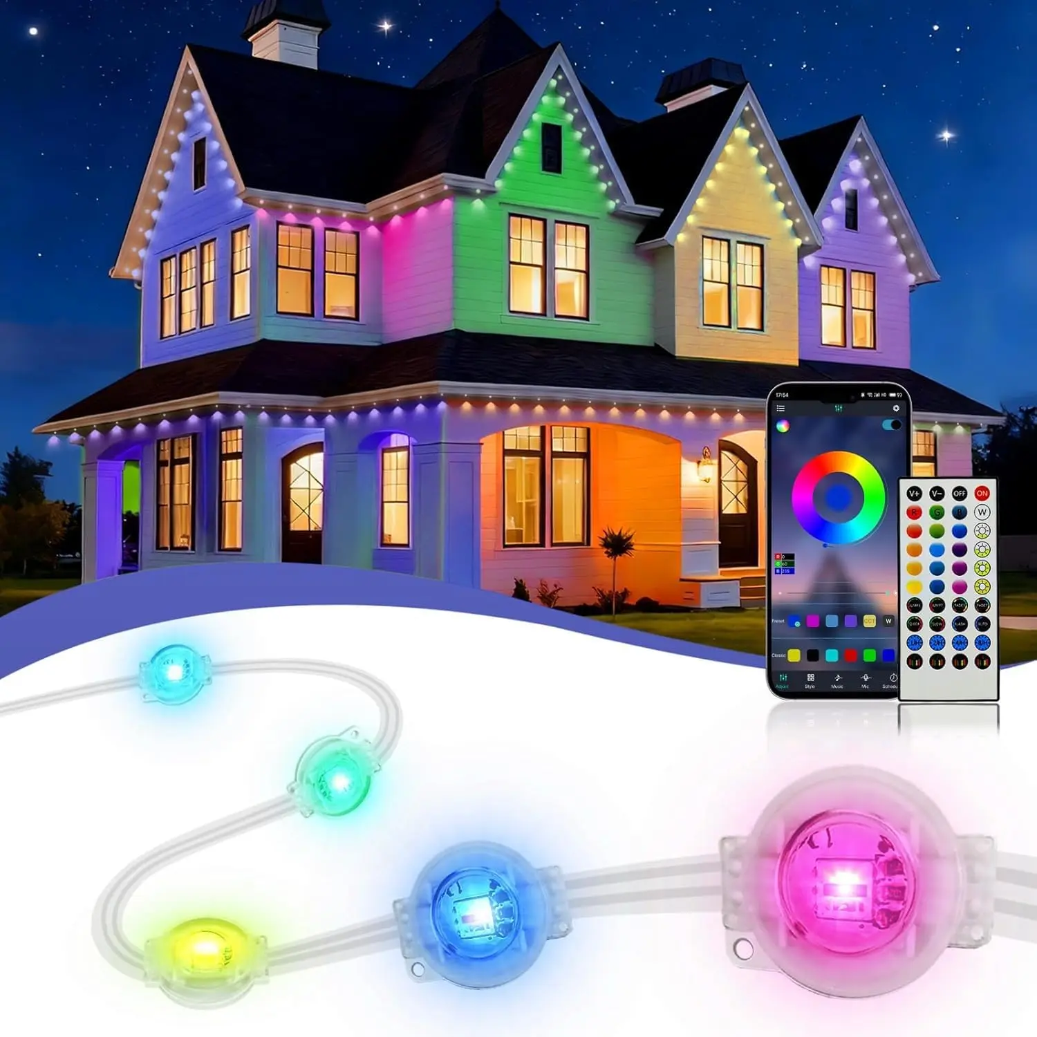 XINKAITE 200 ft (approx.61.0 m) Permanent Outdoor Lights for Home, 2025 Eave Lighting, with App / Remote Control, IP67 Waterproof Smart Lights, for Christmas, Halloween, Holidays, Parties and Daily Use